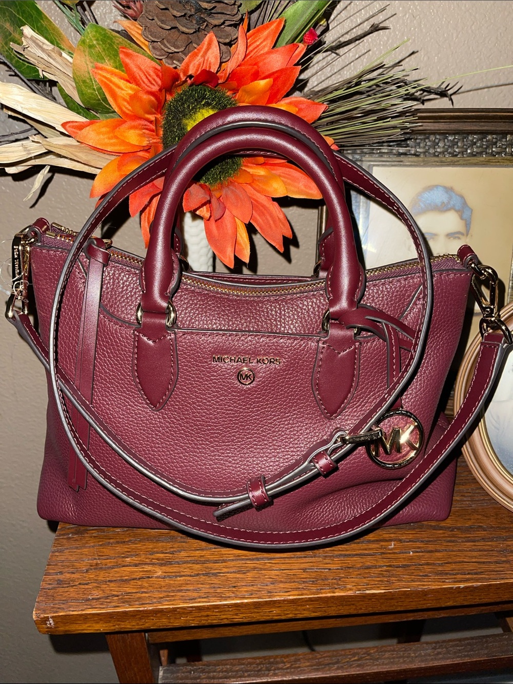 NWOT MICHAEL KORS Small Burgundy Pebbled Leather Satchel with Gold Hardware